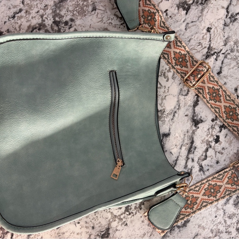 Elegant Mint Crossbody Bag with Patterned Strap